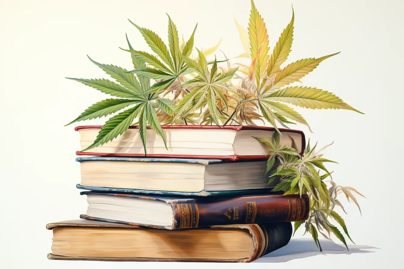 Hanfblätter und Bücher schaffen eine einzigartige Harmonie, die das Panorama von Wissen und Natur darstellt. Cannabis ist die Pflanze, die viele Namen trägt. Sie macht das Lesen von farbenprächtigen Büchern spannender, wenn sie diese dekoriert.