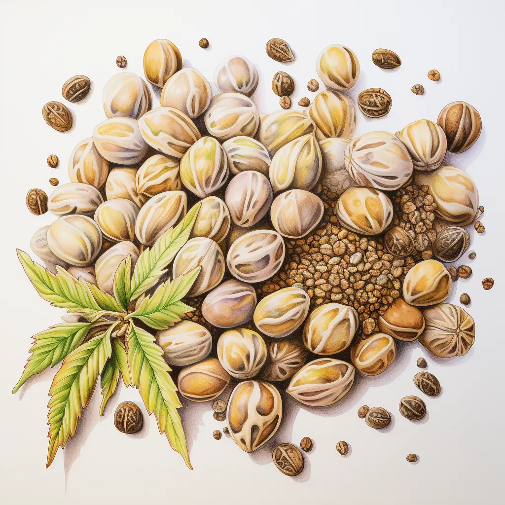 Die Schönheit von Cannabis-Samen in einer halbrealistischen Zeichentechnik und sanften Farben.