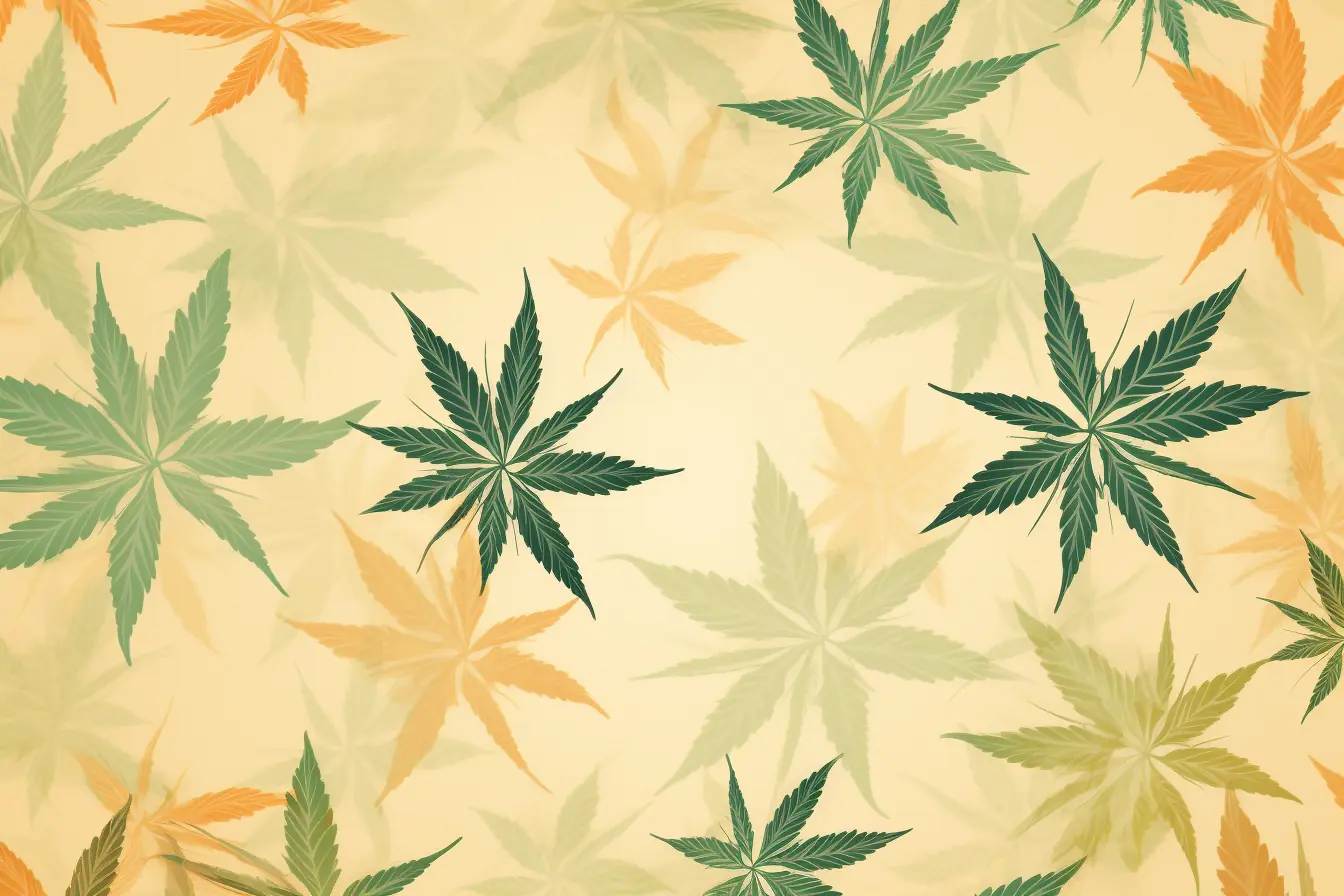 Ein Muster von Cannabisblättern auf einem beigen Hintergrund, das für einen Cannabis Social Club in Mülheim an der Ruhr erzeugt wurde.