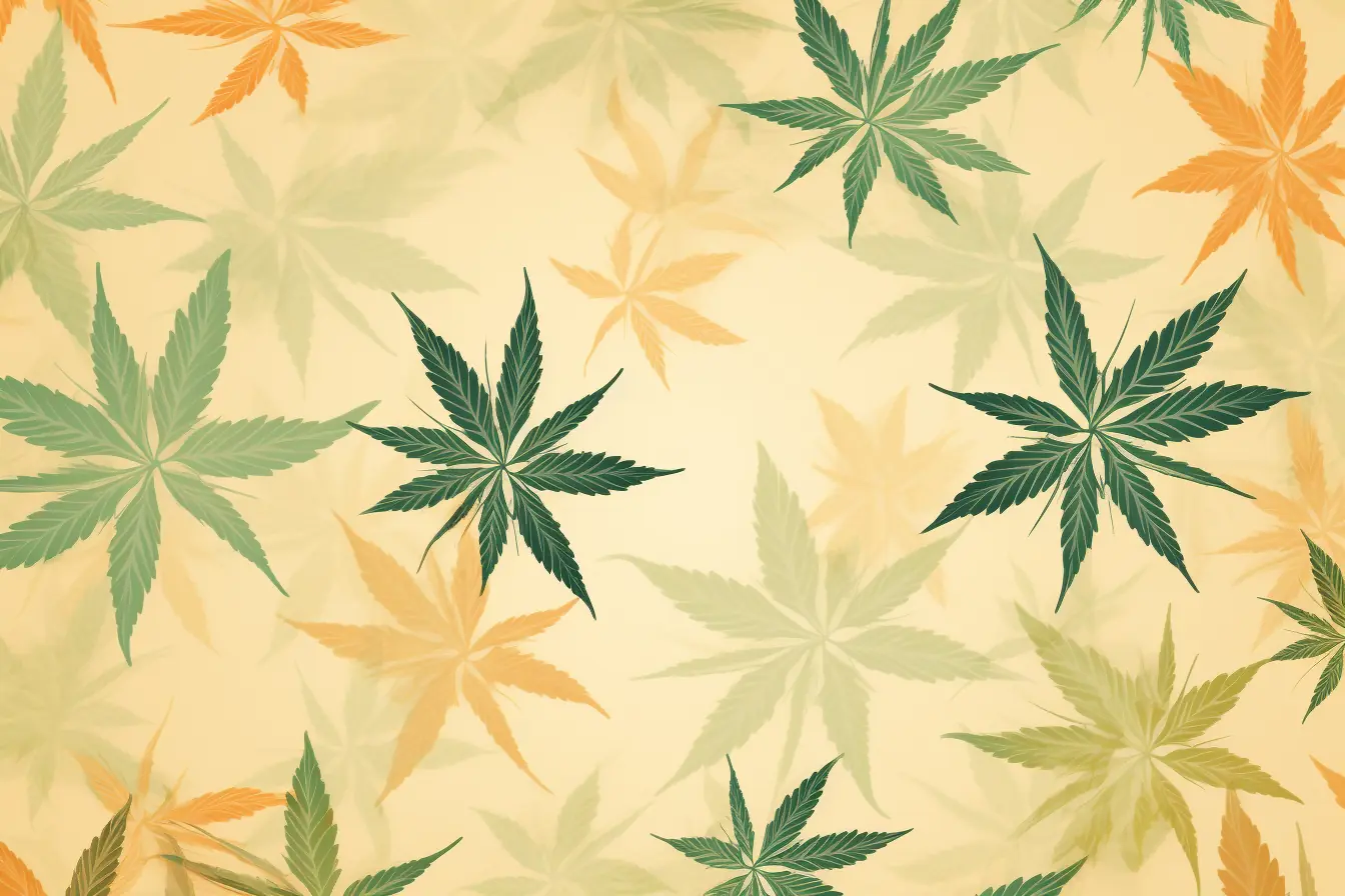 Cannabis Social Club in Mülheim an der Ruhr: Wohlfühl-Ambiente mit sanften Cannabisblättern Ein Muster von Cannabisblättern auf einem beigen Hintergrund, das für einen Cannabis Social Club in Mülheim an der Ruhr erzeugt wurde.